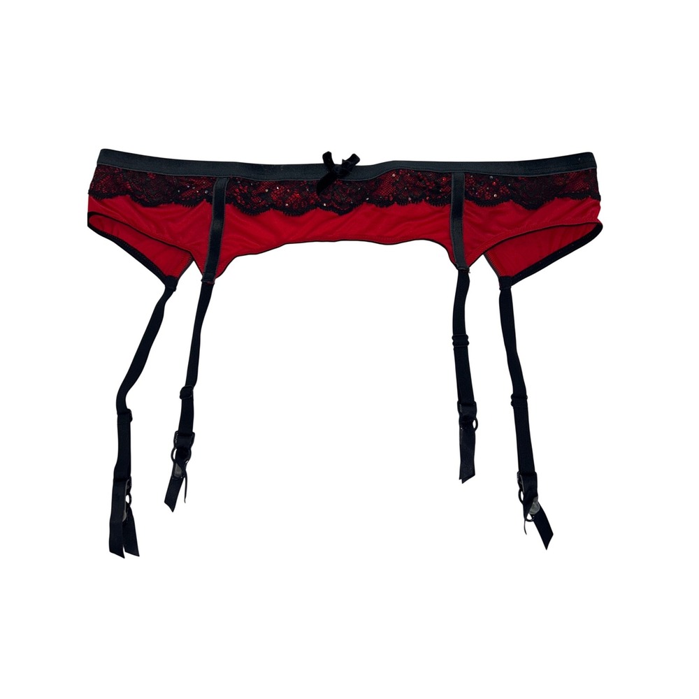 Victoria's Secret Red Black Lace Sequin Garter Belt Adjustable Straps M/L